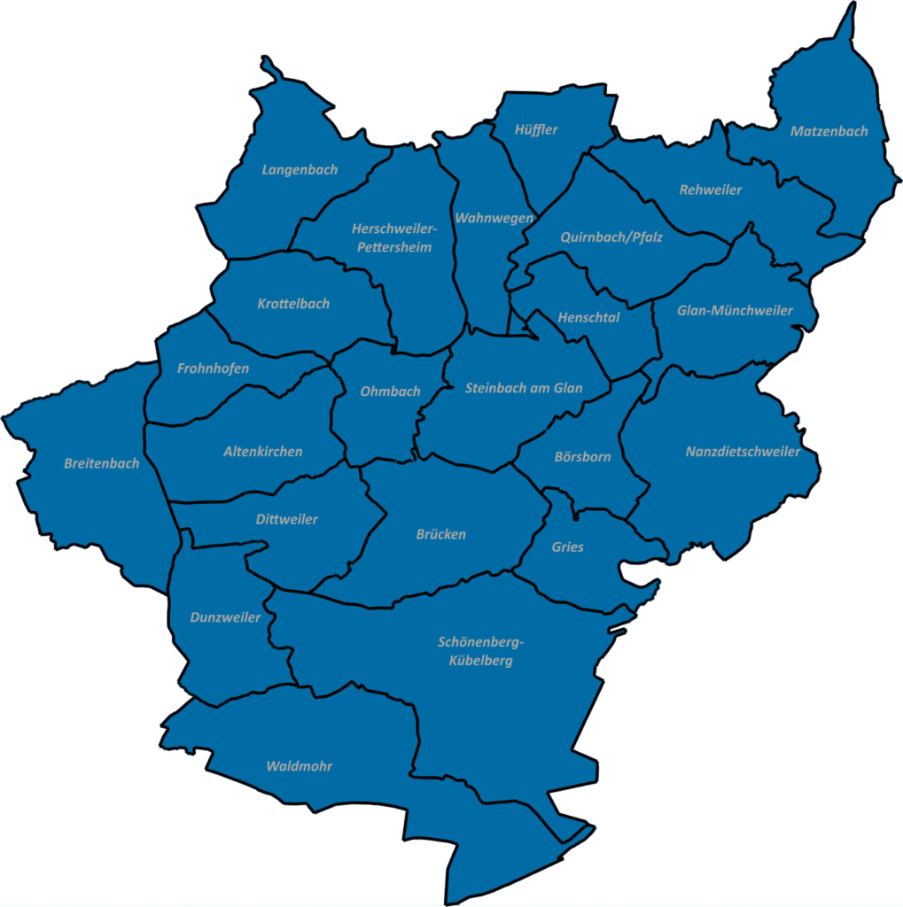 Kartenansicht der Gliederung der Verbandsgemeinde Oberes Glantal und ihrer Ortsgemeinden